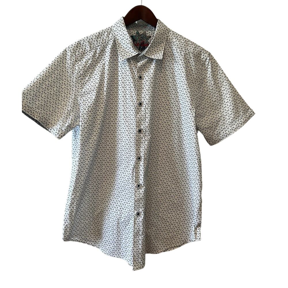 Robert Graham Short Sleeve Button Down Shirt White Blue Print XL